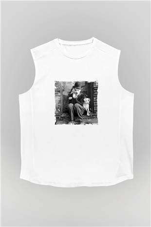 Charlie Chaplin Unisex Baskılı Beyaz Kolsuz Tişört