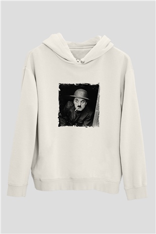 Charlie Chaplin Unisex Baskılı Beyaz Kapüşonlu Sweatshirt