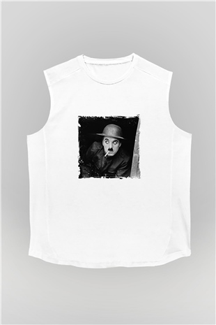 Charlie Chaplin Unisex Baskılı Beyaz Kolsuz Tişört