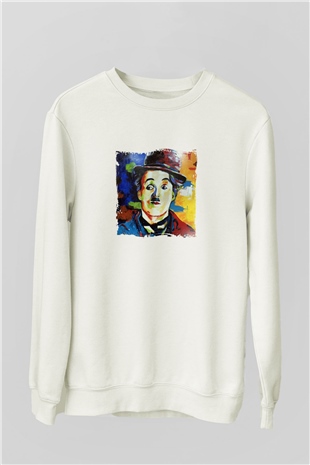 Charlie Chaplin Unisex Baskılı Beyaz Sweatshirt