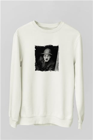 Charlie Chaplin Unisex Baskılı Beyaz Sweatshirt