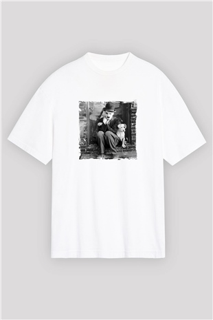 Charlie Chaplin Oversize Baskılı Beyaz Tişört