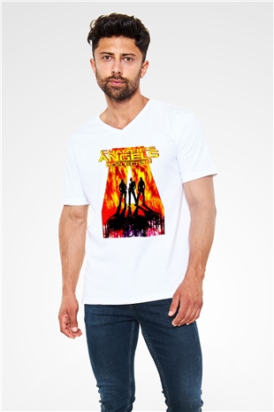 Charlies Angels Beyaz Unisex  V Yaka Tişört