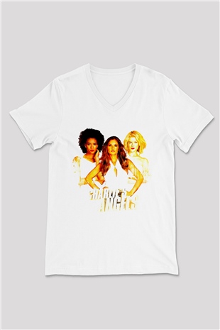 Charlies Angels Beyaz Unisex  V Yaka Tişört