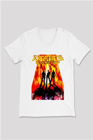 Charlies Angels Beyaz Unisex  V Yaka Tişört