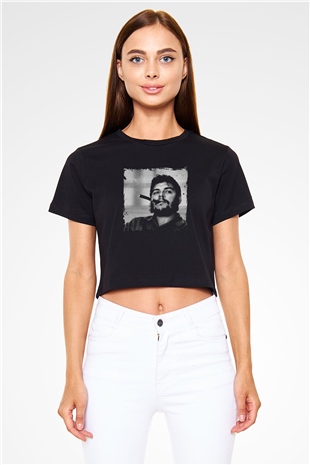 Che Guevara Baskılı Siyah Kadın Crop Top Tişört