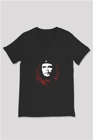 Che Guevara Baskılı Unisex Siyah V Yaka Tişört