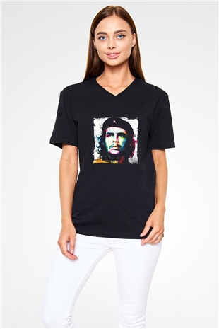 Che Guevara Baskılı Unisex Siyah V Yaka Tişört