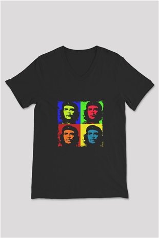 Che Guevara Baskılı Unisex Siyah V Yaka Tişört