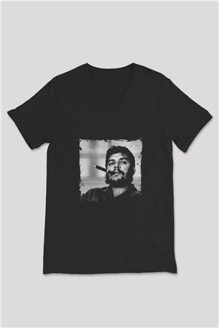 Che Guevara Baskılı Unisex Siyah V Yaka Tişört