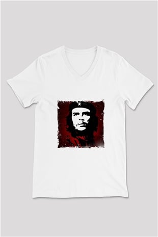 Che Guevara Baskılı V Yaka Unisex Beyaz Tişört
