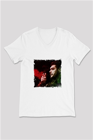 Che Guevara Baskılı V Yaka Unisex Beyaz Tişört