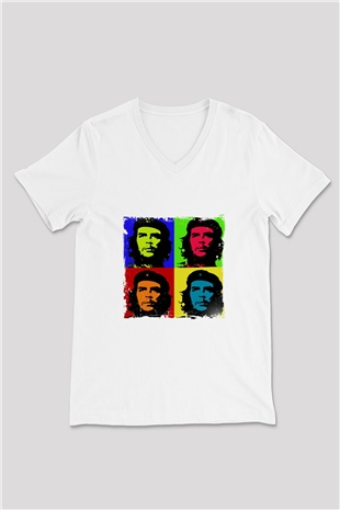 Che Guevara Baskılı V Yaka Unisex Beyaz Tişört