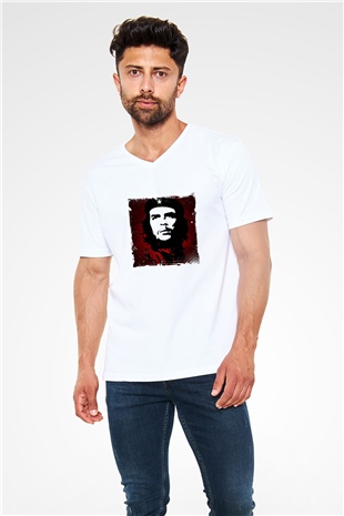 Che Guevara Baskılı V Yaka Unisex Beyaz Tişört