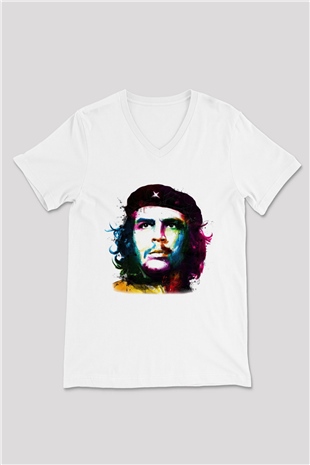 Che Guevara Beyaz Unisex V Yaka Tişört T-Shirt