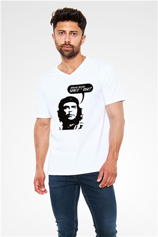Che Guevara Beyaz Unisex V Yaka Tişört T-Shirt