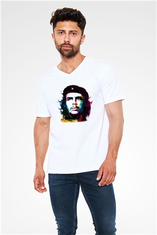 Che Guevara Beyaz Unisex V Yaka Tişört T-Shirt
