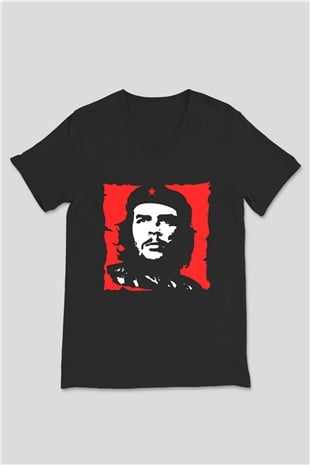 Che Guevara Siyah Unisex V Yaka Tişört T-Shirt