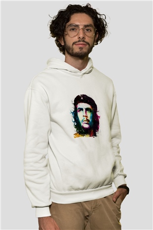 Che Guevara Unisex Baskılı Beyaz Kapüşonlu Sweatshirt