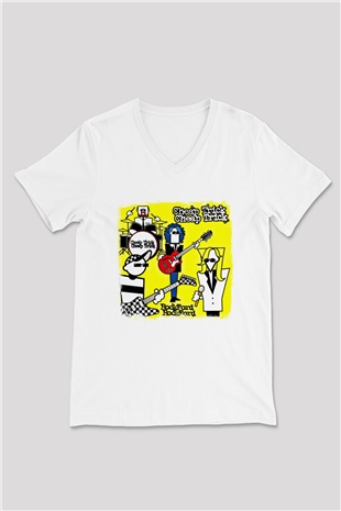 Cheap Trick Baskılı Unisex Beyaz V Yaka Tişört