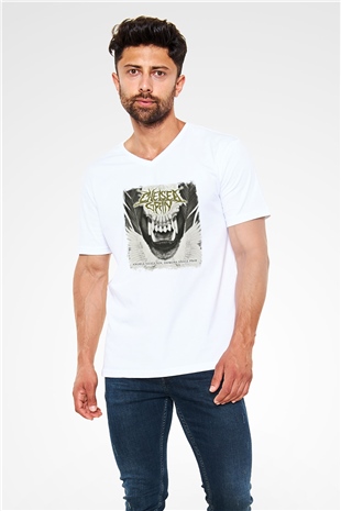 Chelsea Grin Baskılı Unisex Beyaz V Yaka Tişört