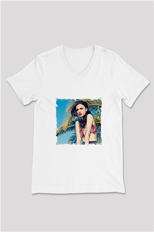 Cher Lloyd Baskılı Beyaz V Yaka Unisex Tişört