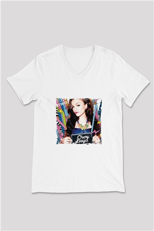 Cher Lloyd Baskılı Beyaz V Yaka Unisex Tişört