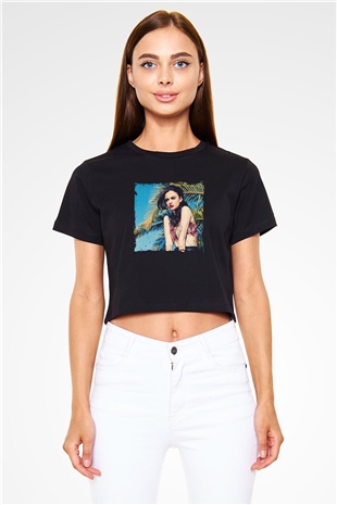 Cher Lloyd Baskılı Crop Top Siyah Kadın Tişört
