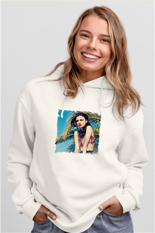 Cher Lloyd Baskılı Unisex Beyaz Kapüşonlu Sweatshirt