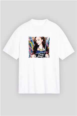 Cher Lloyd Baskılı Oversize Beyaz Tişört