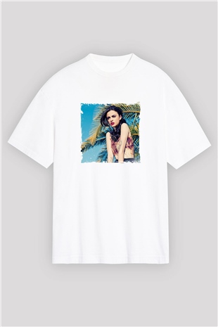 Cher Lloyd Baskılı Oversize Beyaz Tişört
