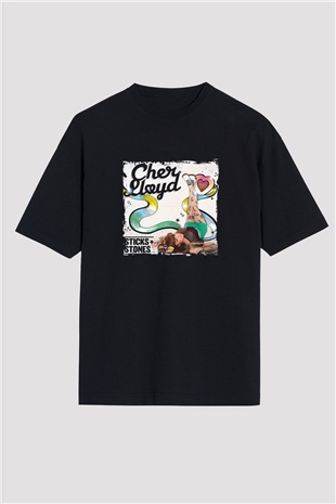 Cher Lloyd Baskılı Unisex Oversize Siyah Tişört