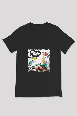 Cher Lloyd Baskılı Unisex Siyah V Yaka Tişört