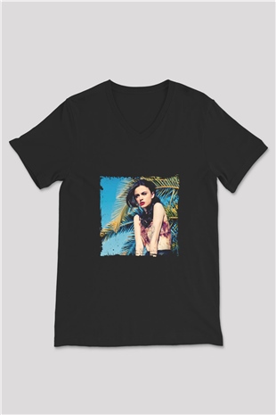 Cher Lloyd Baskılı Unisex Siyah V Yaka Tişört