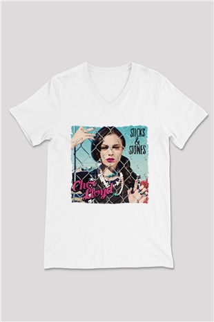 Cher Lloyd Beyaz Unisex V Yaka Tişört