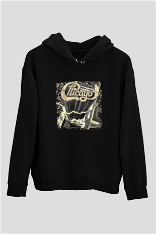 Chicago Baskılı Unisex Siyah Hoodie