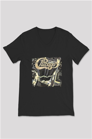 Chicago Baskılı Unisex Siyah V Yaka Tişört