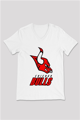 Chicago Bulls Beyaz Unisex V Yaka Tişört T-Shirt