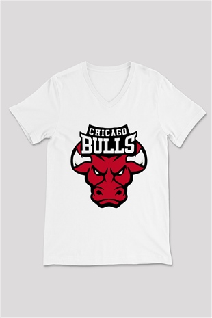 Chicago Bulls Beyaz Unisex V Yaka Tişört T-Shirt