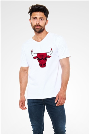 Chicago Bulls Beyaz Unisex V Yaka Tişört