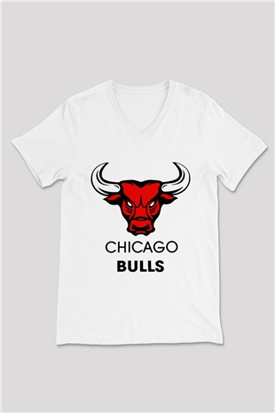 Chicago Bulls Beyaz Unisex V Yaka Tişört T-Shirt
