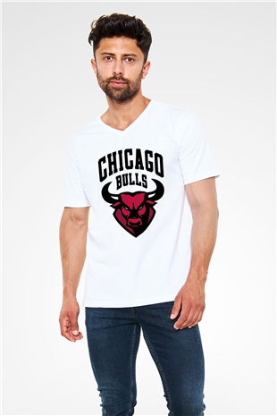 Chicago Bulls Beyaz Unisex V Yaka Tişört T-Shirt