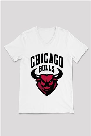 Chicago Bulls Beyaz Unisex V Yaka Tişört T-Shirt