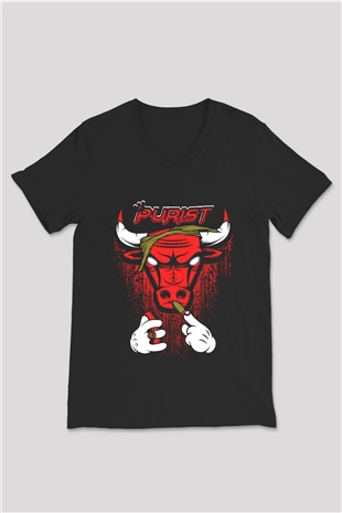 Chicago Bulls Siyah Unisex V Yaka Tişört T-Shirt