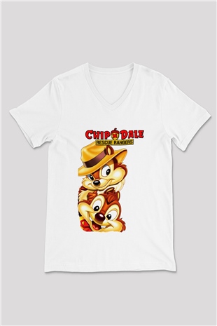 Chipn Dale Rescue Rangers Beyaz Unisex V Yaka Tişört