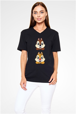 Chipn Dale Rescue Rangers Siyah Unisex  V Yaka Tişört