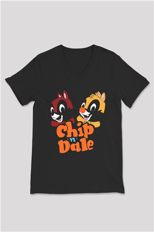 Chipn Dale Rescue Rangers Siyah Unisex  V Yaka Tişört
