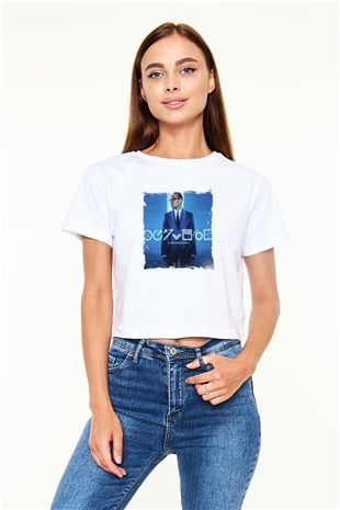 Chris Brown Baskılı Beyaz Kadın Crop Top Tişört