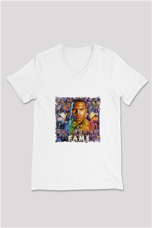 Chris Brown Baskılı Beyaz V Yaka Unisex Tişört