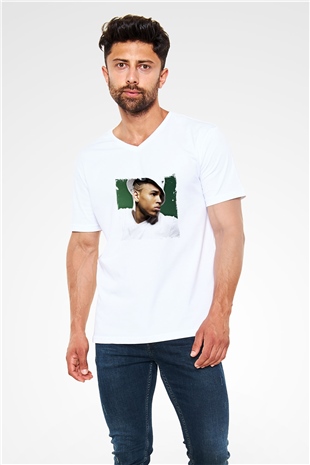 Chris Brown Baskılı Beyaz V Yaka Unisex Tişört